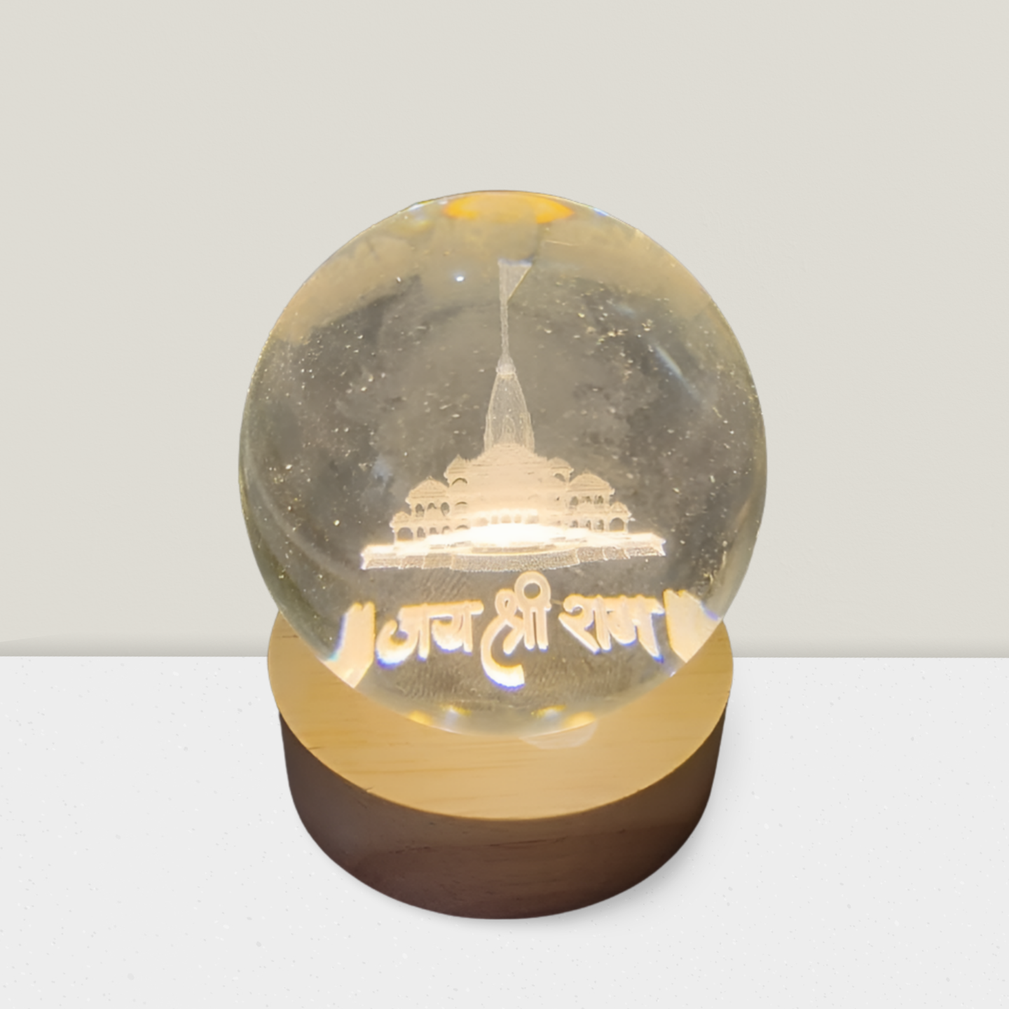 Elegant 3D Engraved Rama Mandir Crystal Ball with Wooden Base (Size 65mm, USB, Warm White) Mr Teddy boy